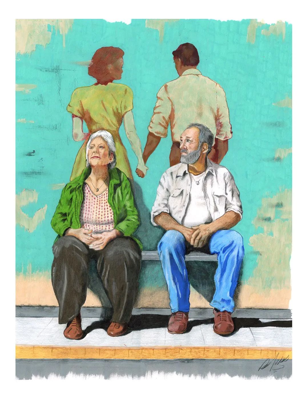 Two elderly people sit on a bench beneath a teal mural of two figures walking away.