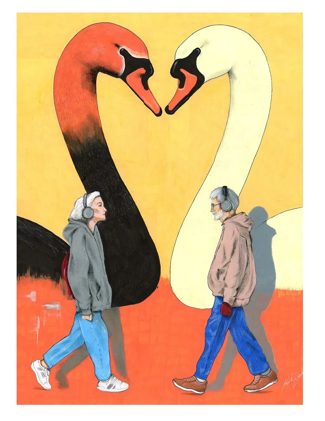 Two people walking past a heart-shaped Swan mural on a bright yellow and orange wall.