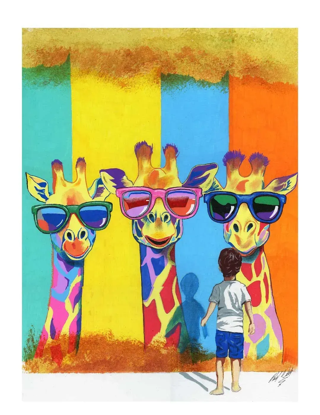 Three colorful giraffe heads behind a child facing a bright striped mural