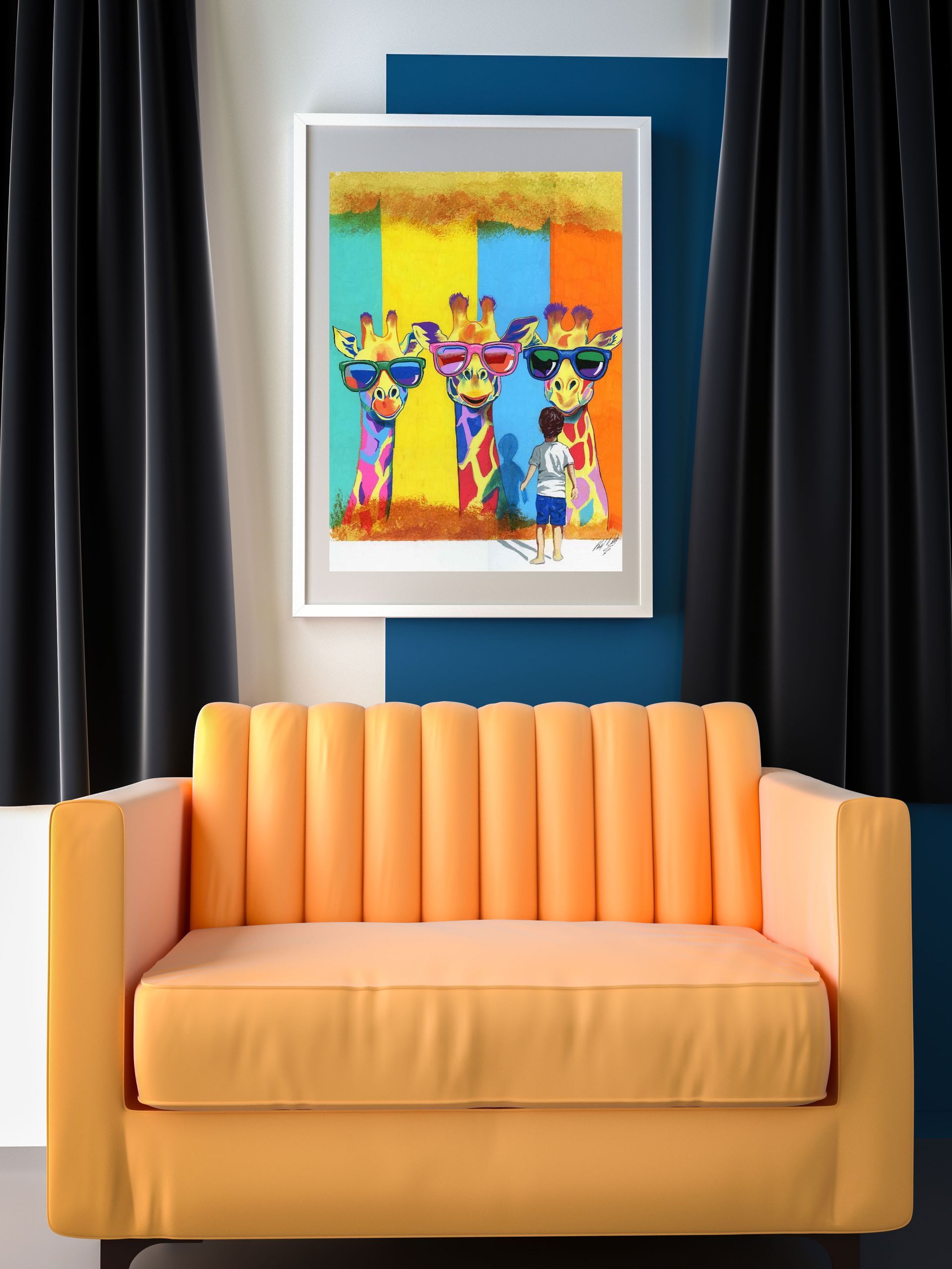 Three colorful giraffes wearing sunglasses face a child in a bright, painted scene.