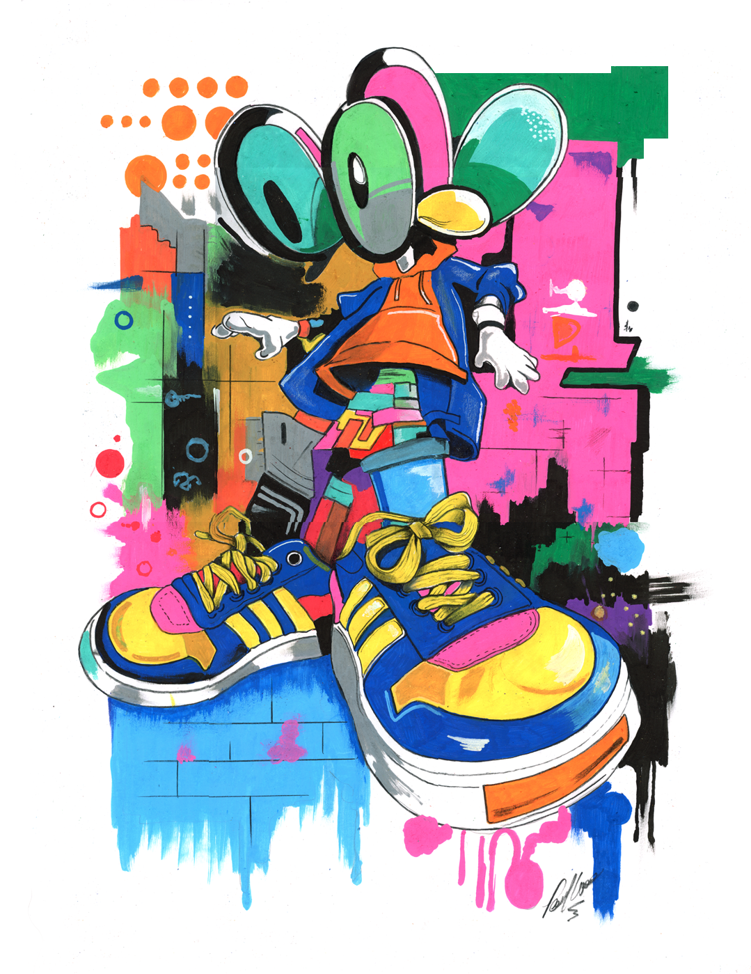 Colorful cartoon character in oversized sneakers against a graffiti-style background