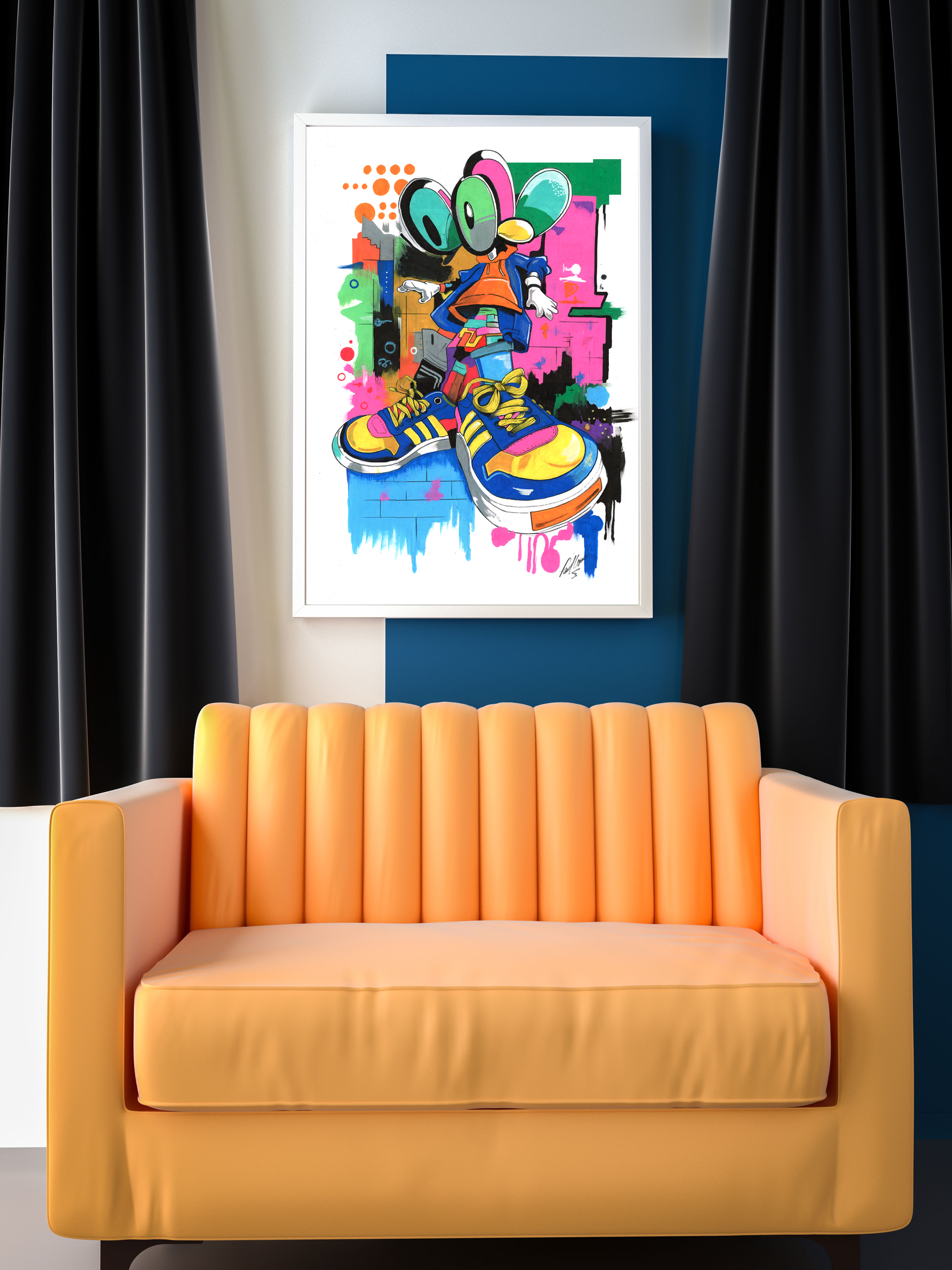 Colorful graffiti-style cartoon character in oversized sneakers against a bright abstract background