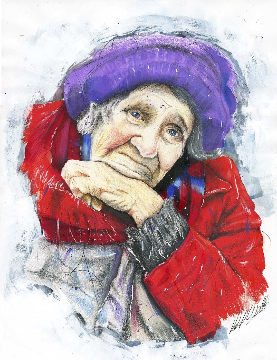Portrait of a smiling person in a purple hat and red coat, resting their chin on their hand.