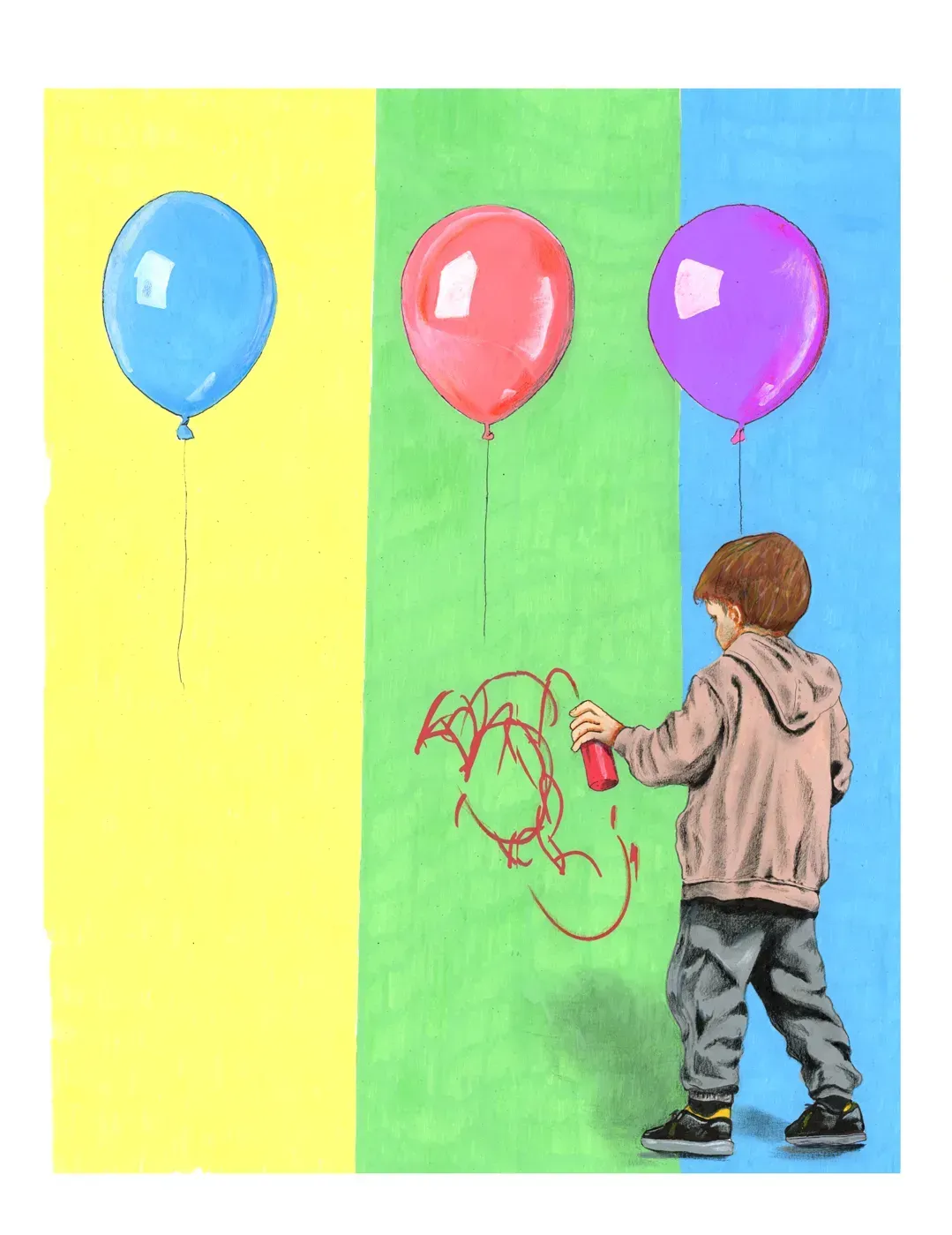 Child drawing on a colorful wall beside three balloons, with blue, red, and purple panels.