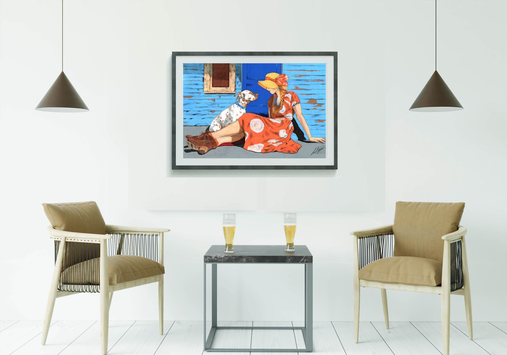 Woman in an orange dress and hat sits with a spotted dog beside a blue wooden wall.