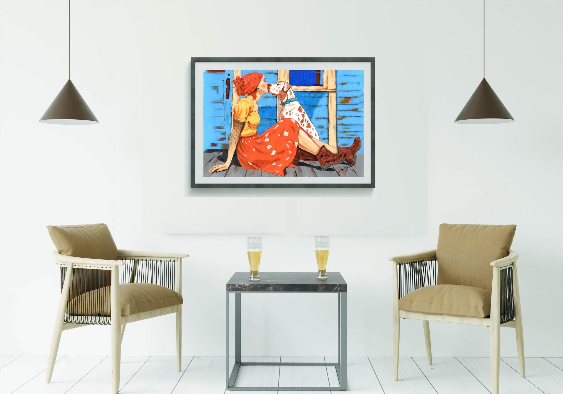 Two figures leaning against a blue wall, one in a red skirt and orange hat, in a colorful painted scene