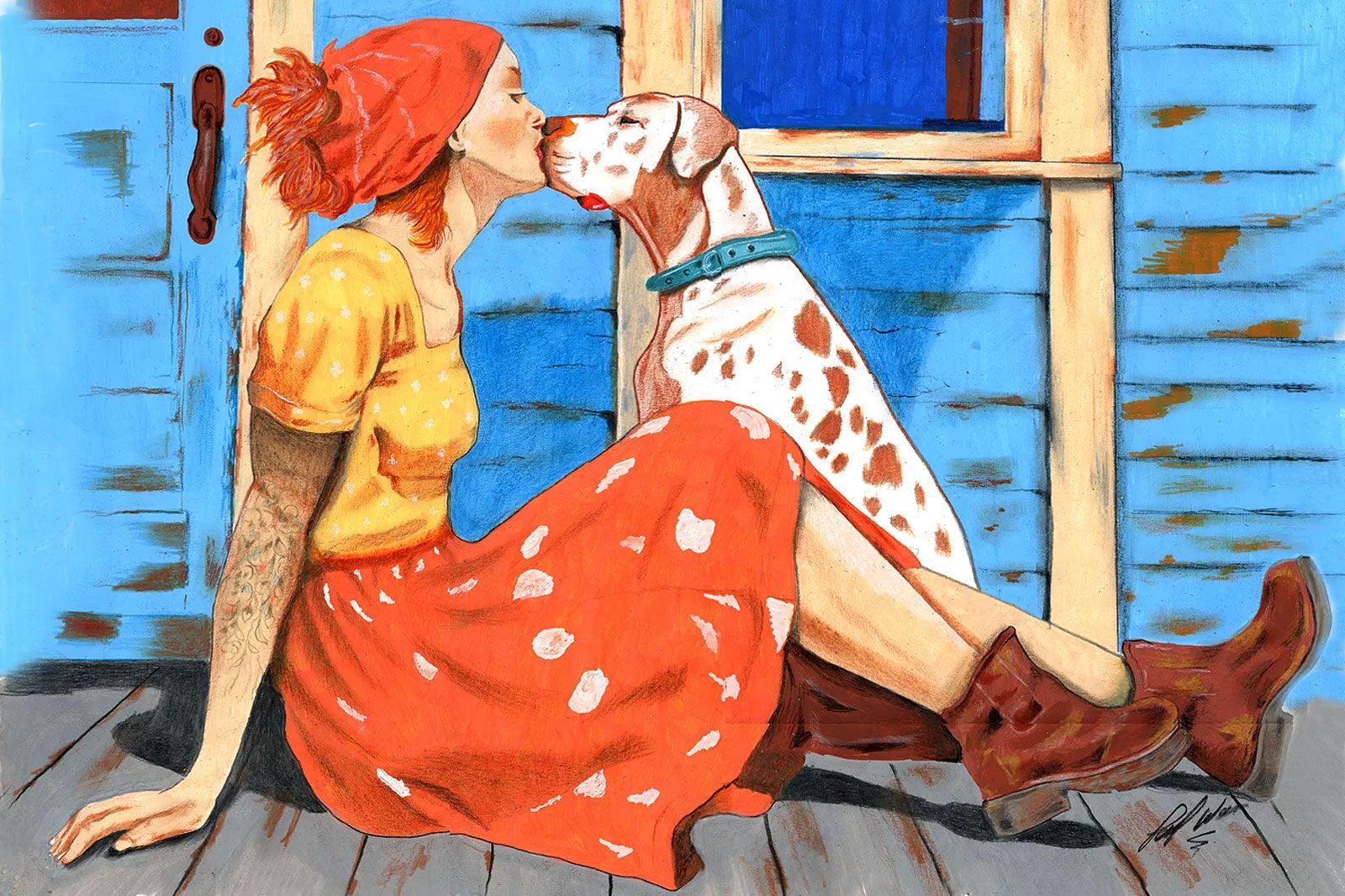 Two figures leaning against a blue wall, one in a red skirt and orange hat, in a colorful painted scene