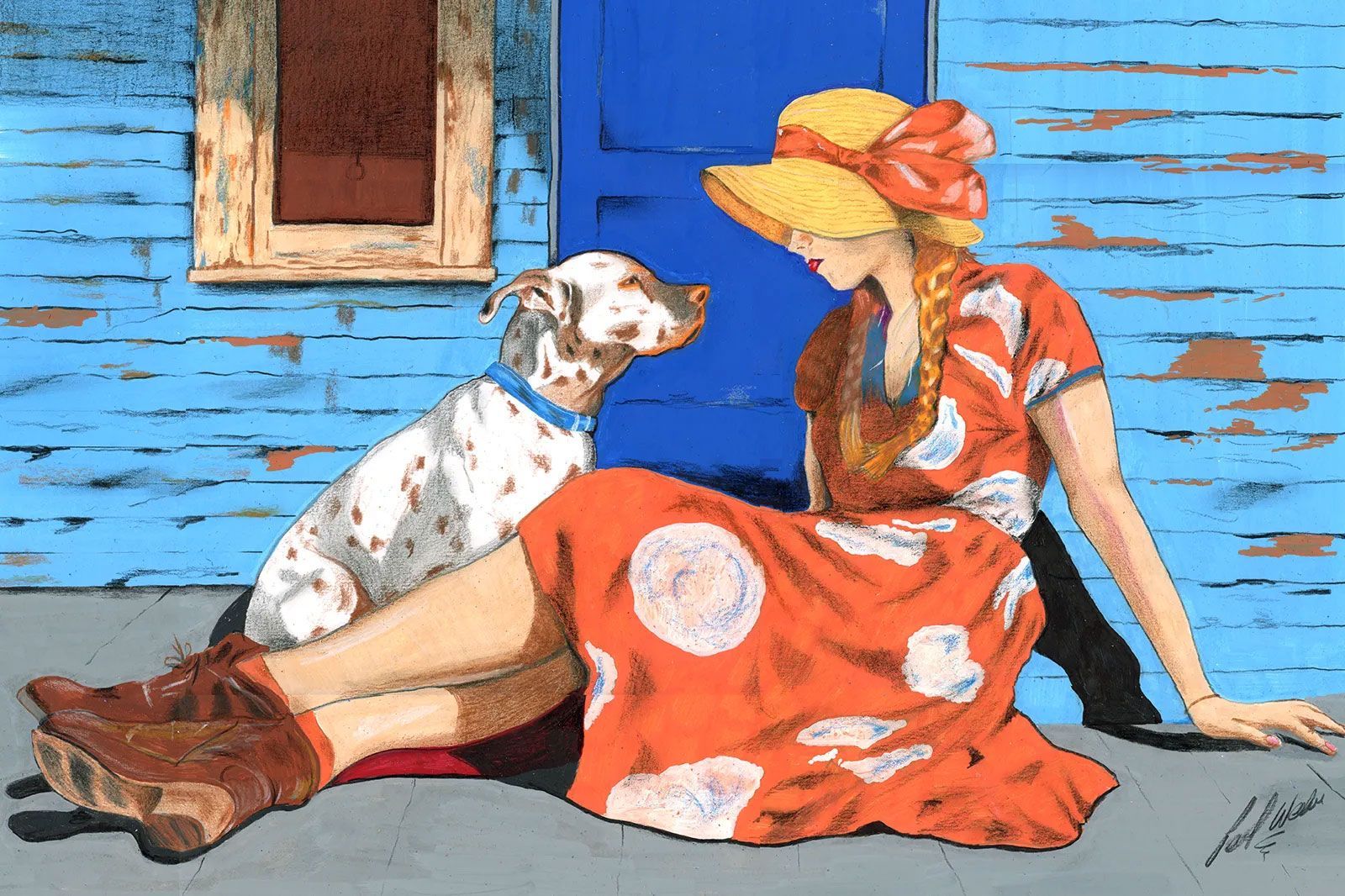 Woman in an orange dress and hat sits with a spotted dog beside a blue wooden wall.
