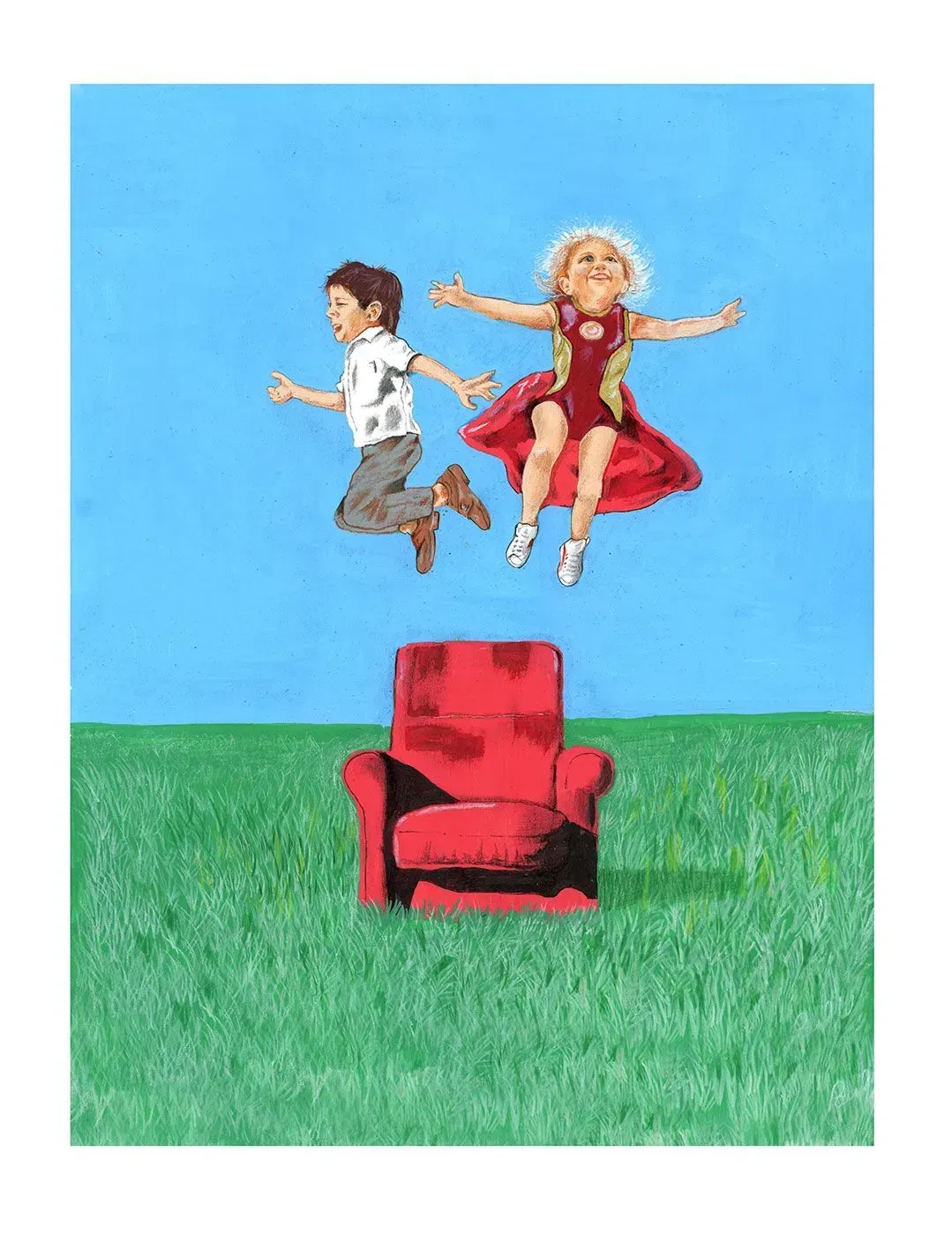 Two kids jumping above a red armchair on green grass under a blue sky
