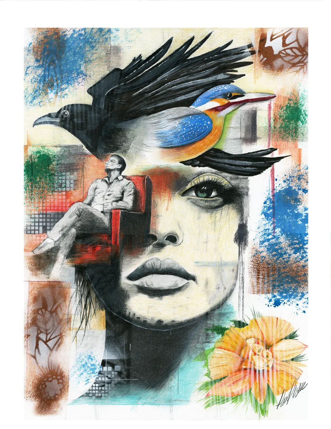 Surreal portrait collage with a bird over a face, colorful watercolor accents, and flowers