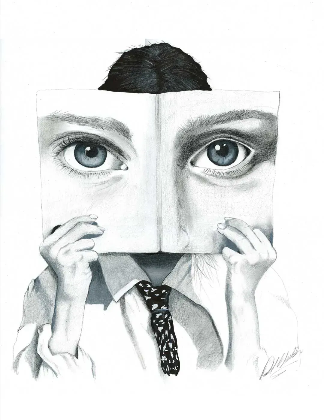 Person holding a sheet with drawn eyes over their face, leaving the top of the head and tie visible.