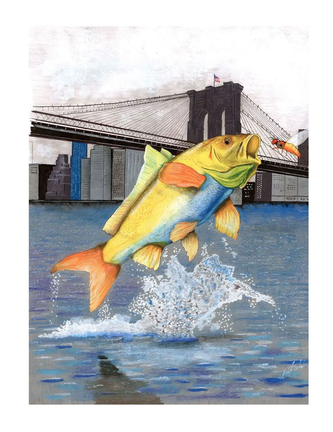 Colorful fish leaping from water with a bridge and city skyline in the background