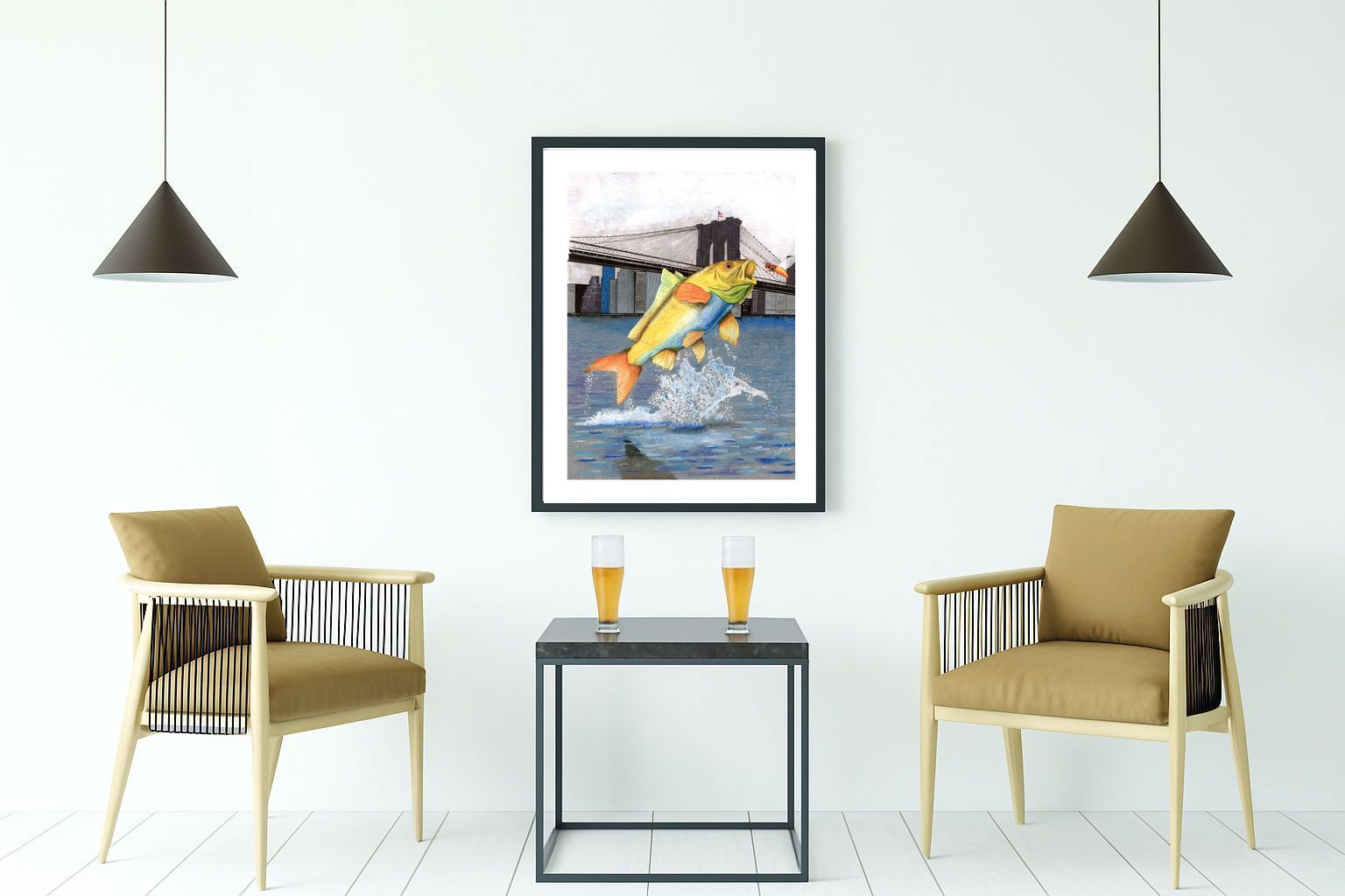 Colorful fish leaping from water with a bridge and city skyline in the background