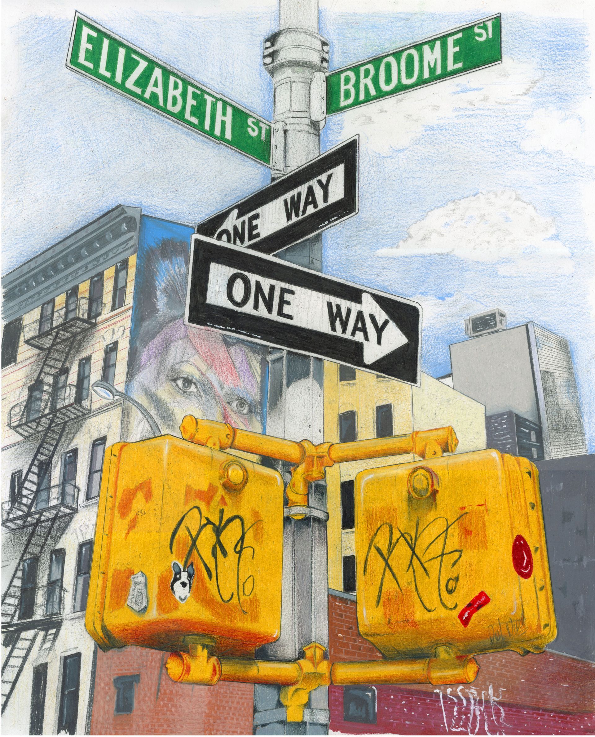 Street corner with Elizabeth St and Broome St signs above worn one-way signs and yellow traffic signal boxes.