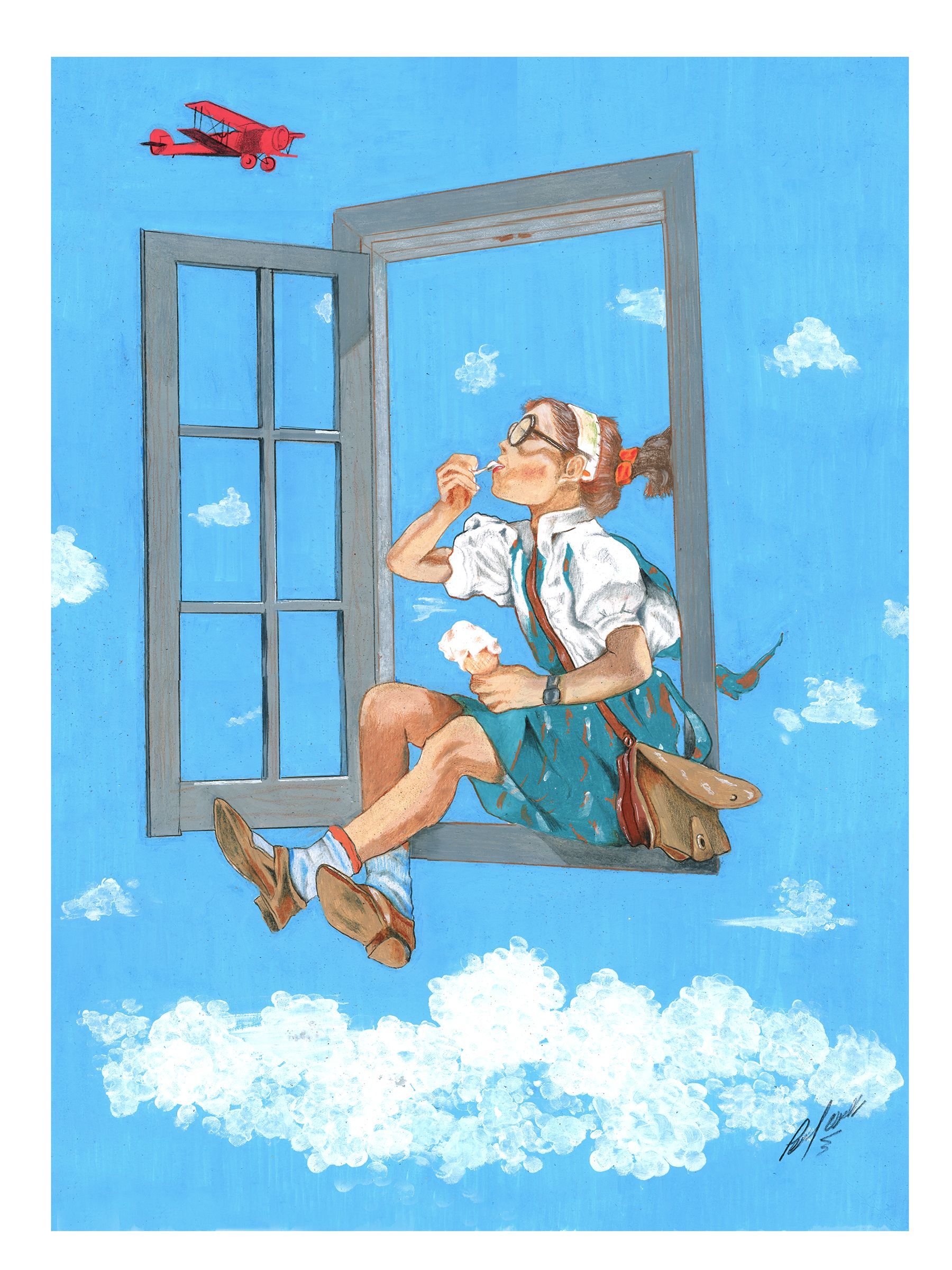 Person and dog sitting in a window frame against a bright blue sky with clouds and a red plane overhead