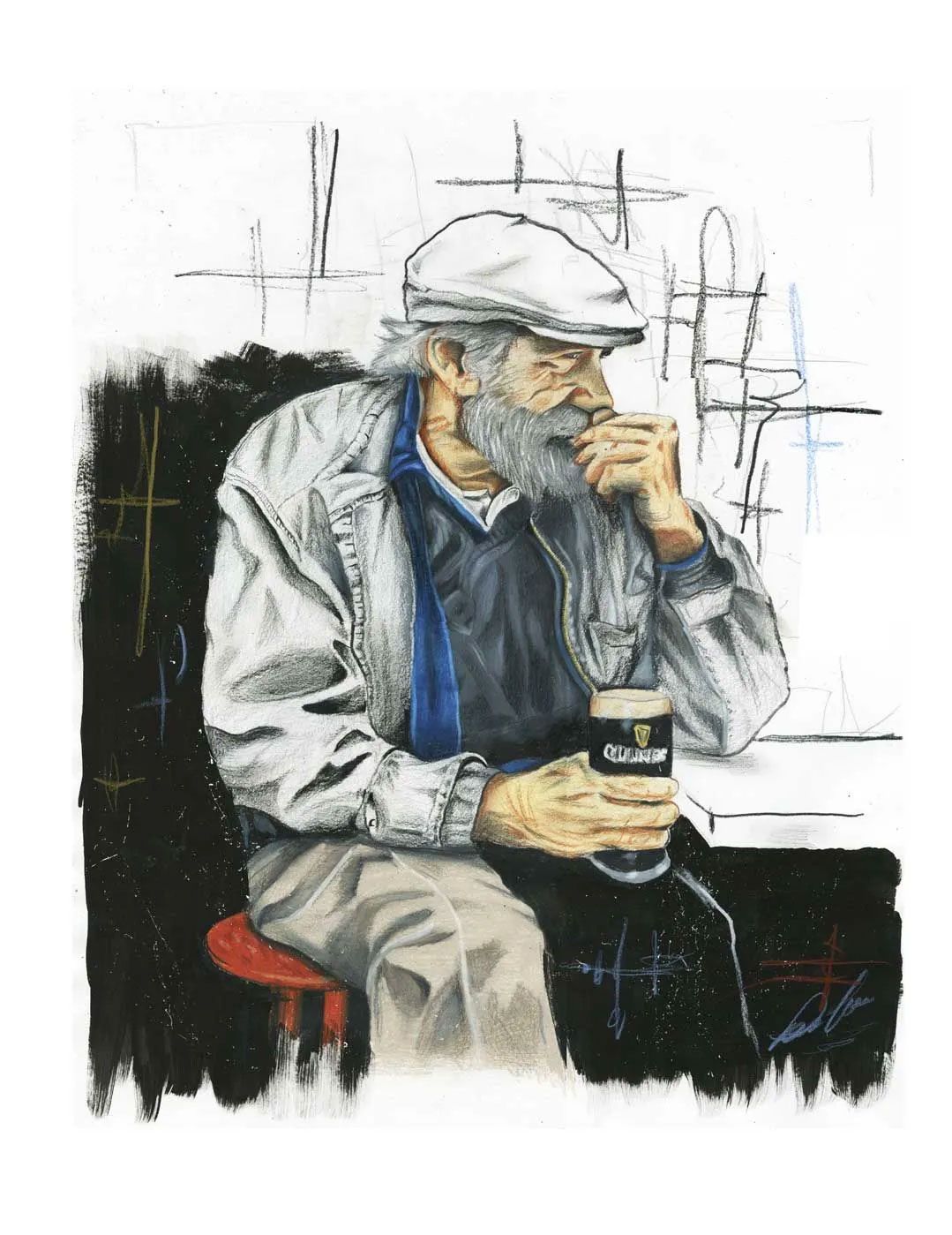 Person in a gray cap and coat sits holding a cup, resting their hand on their face.