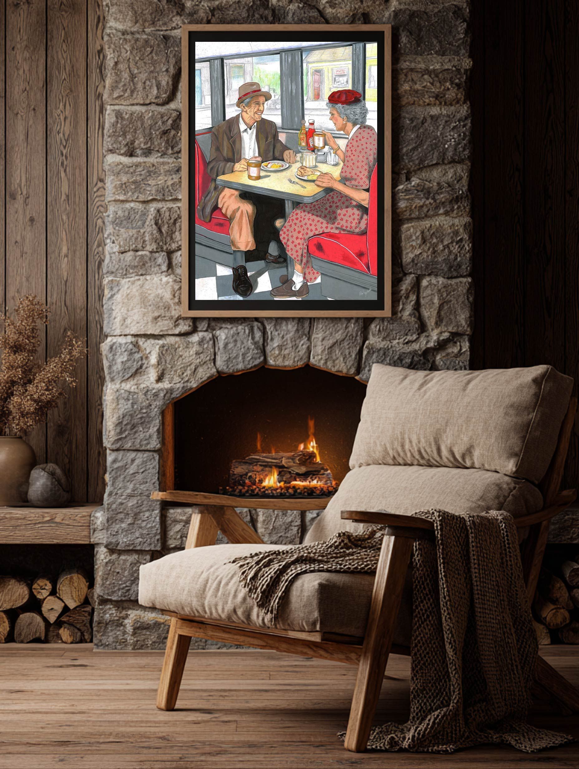 Cozy armchair by a stone fireplace with a framed painting above and stacked logs beside it