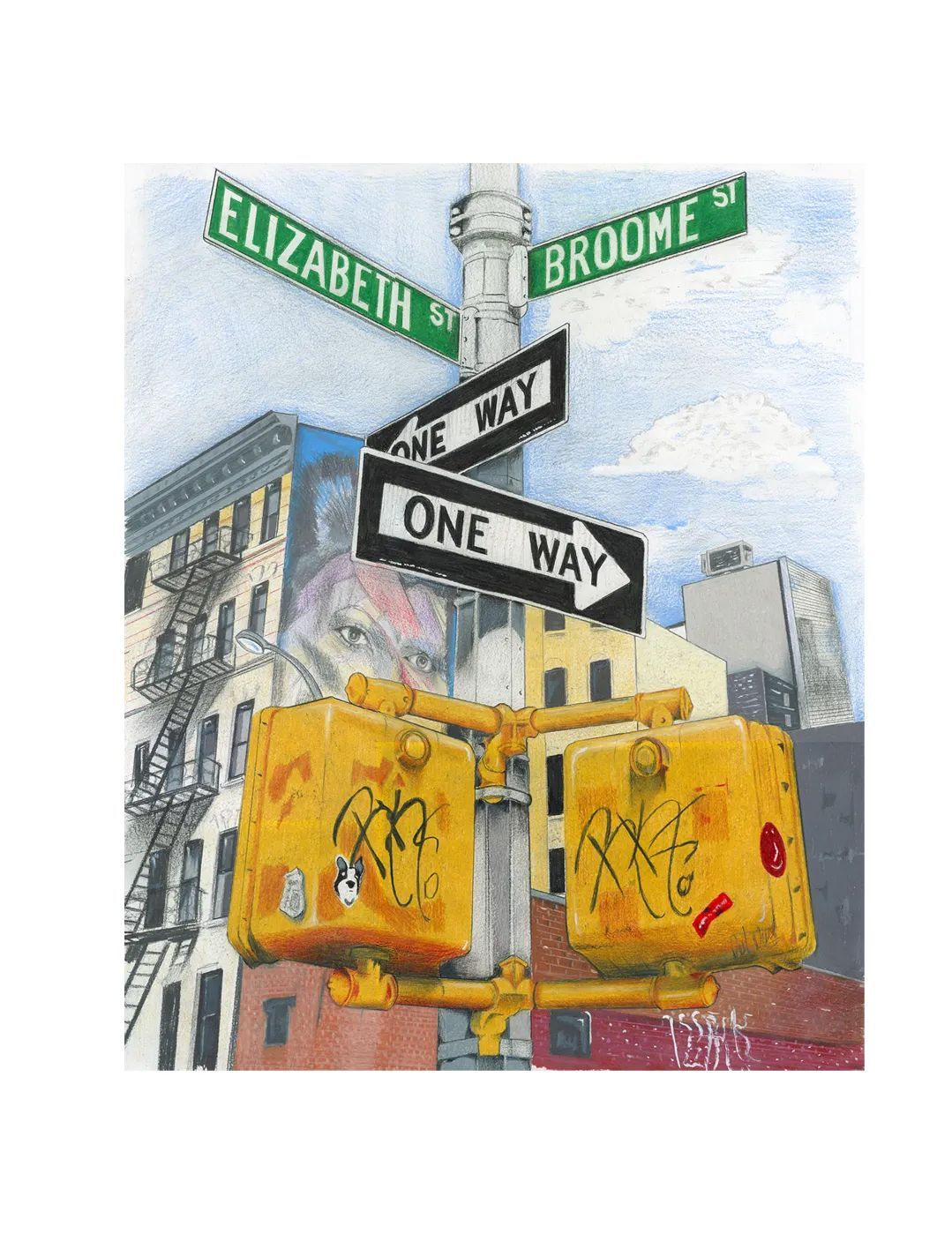 Street signs for Elizabeth and Broome on a city corner above yellow traffic signal boxes, with graffiti on them.
