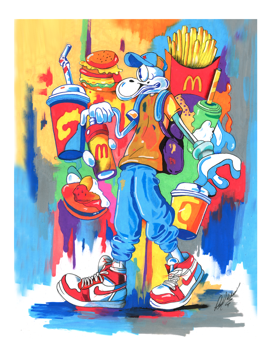 Colorful cartoon of a smiling fast-food mascot carrying McDonald’s burgers, fries, and drinks