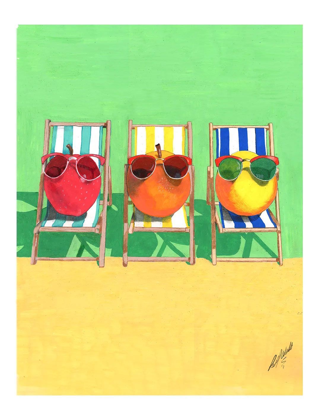 Three colorful sunglasses on striped lounge chairs against a green and yellow background.