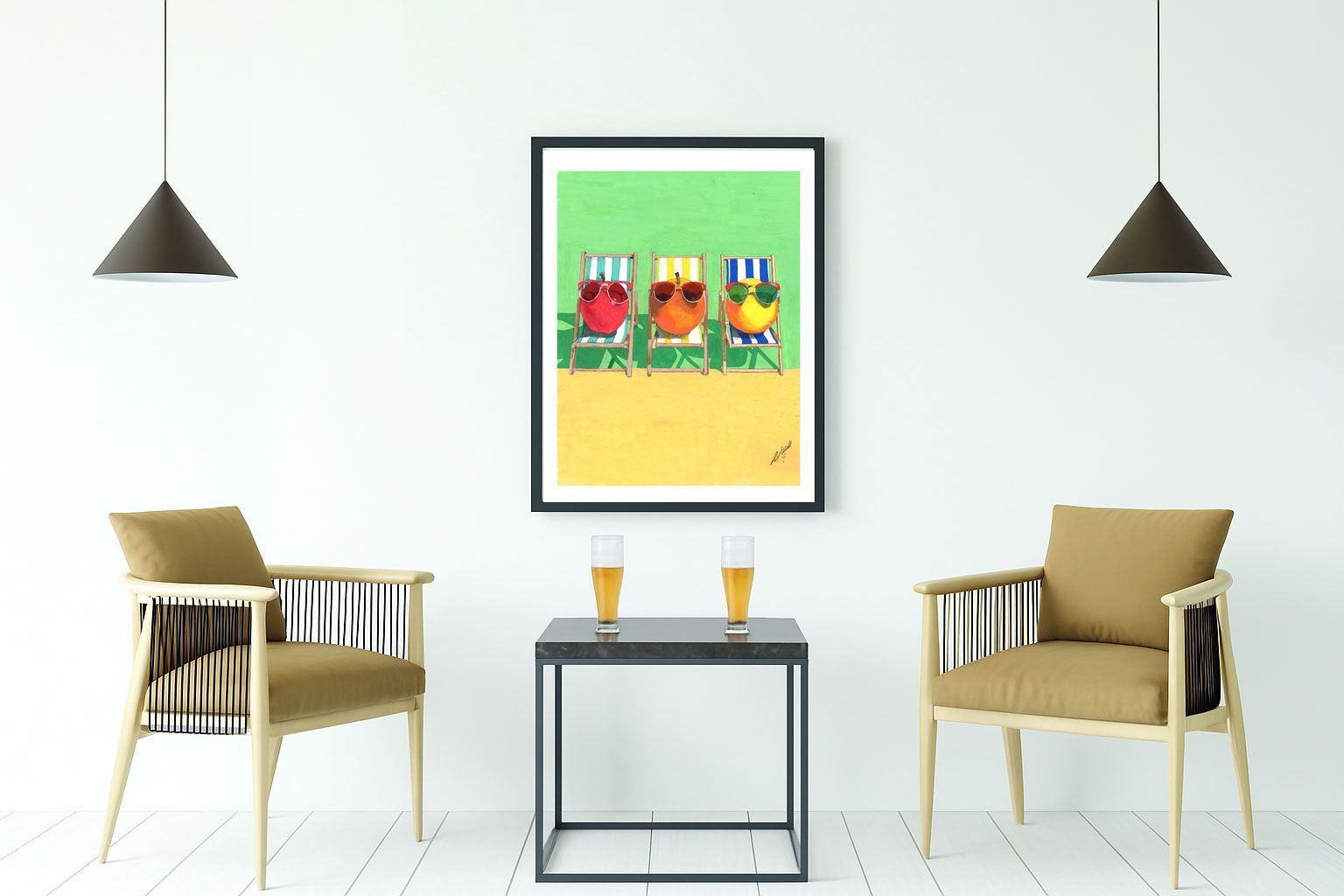 Three colorful sunglasses on striped lounge chairs against a green and yellow background.