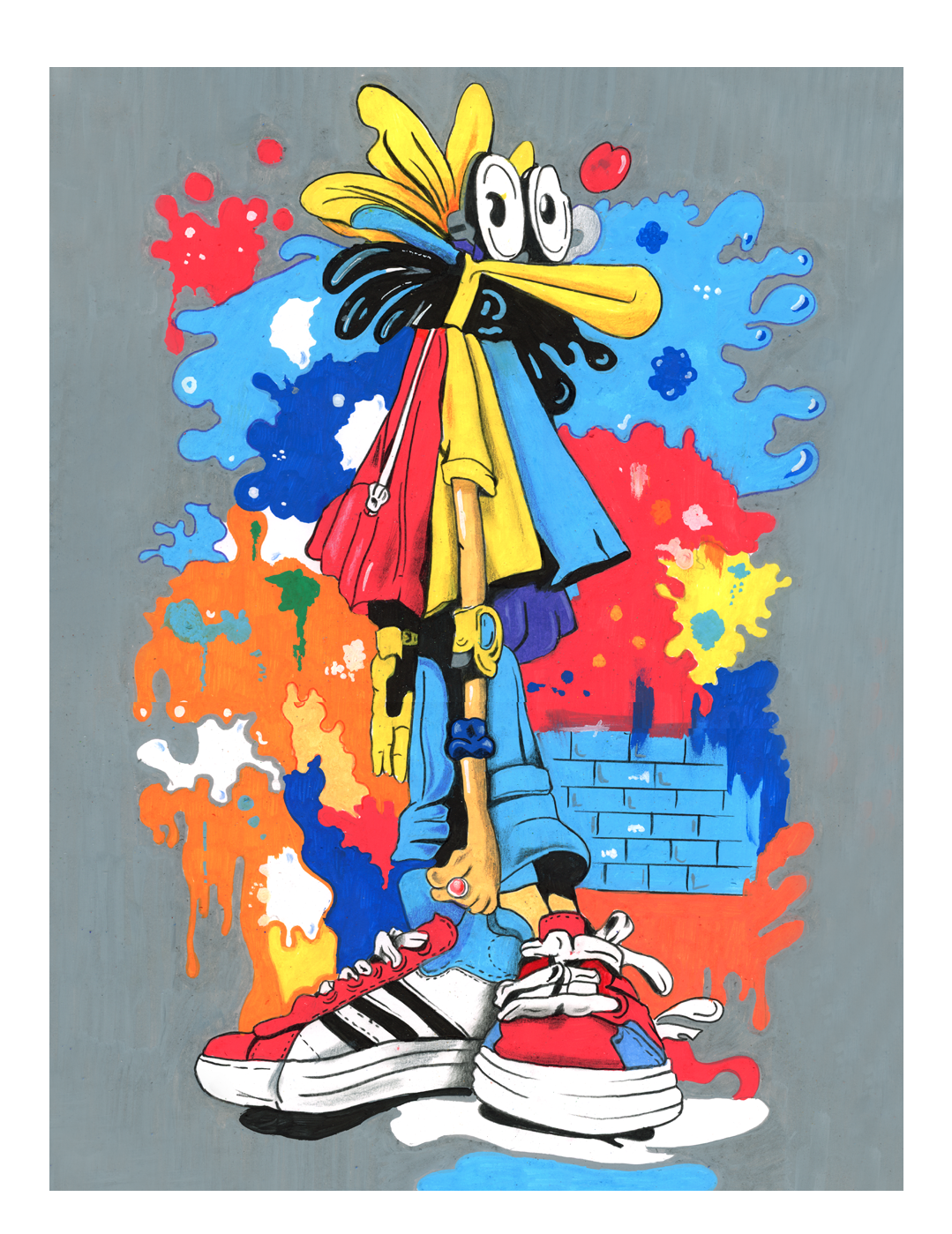Cartoon bird in colorful graffiti style, wearing sneakers and scarf against a bright paint-splash background