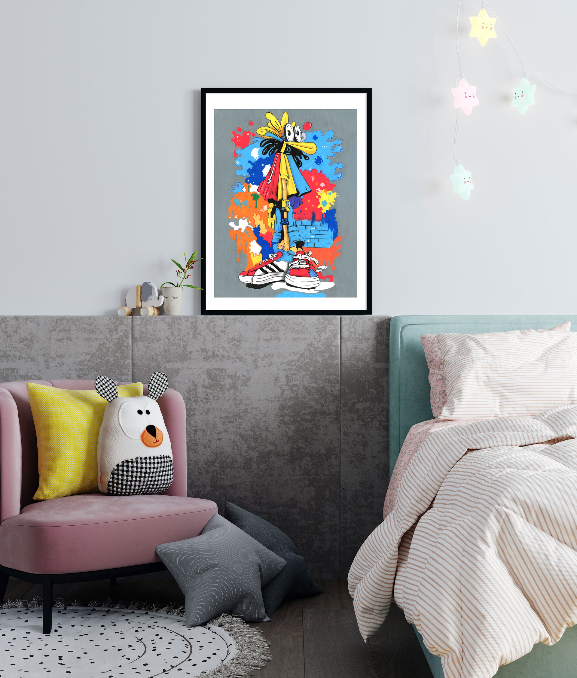 Cartoon character in colorful streetwear with graffiti-style paint splashes on a gray background