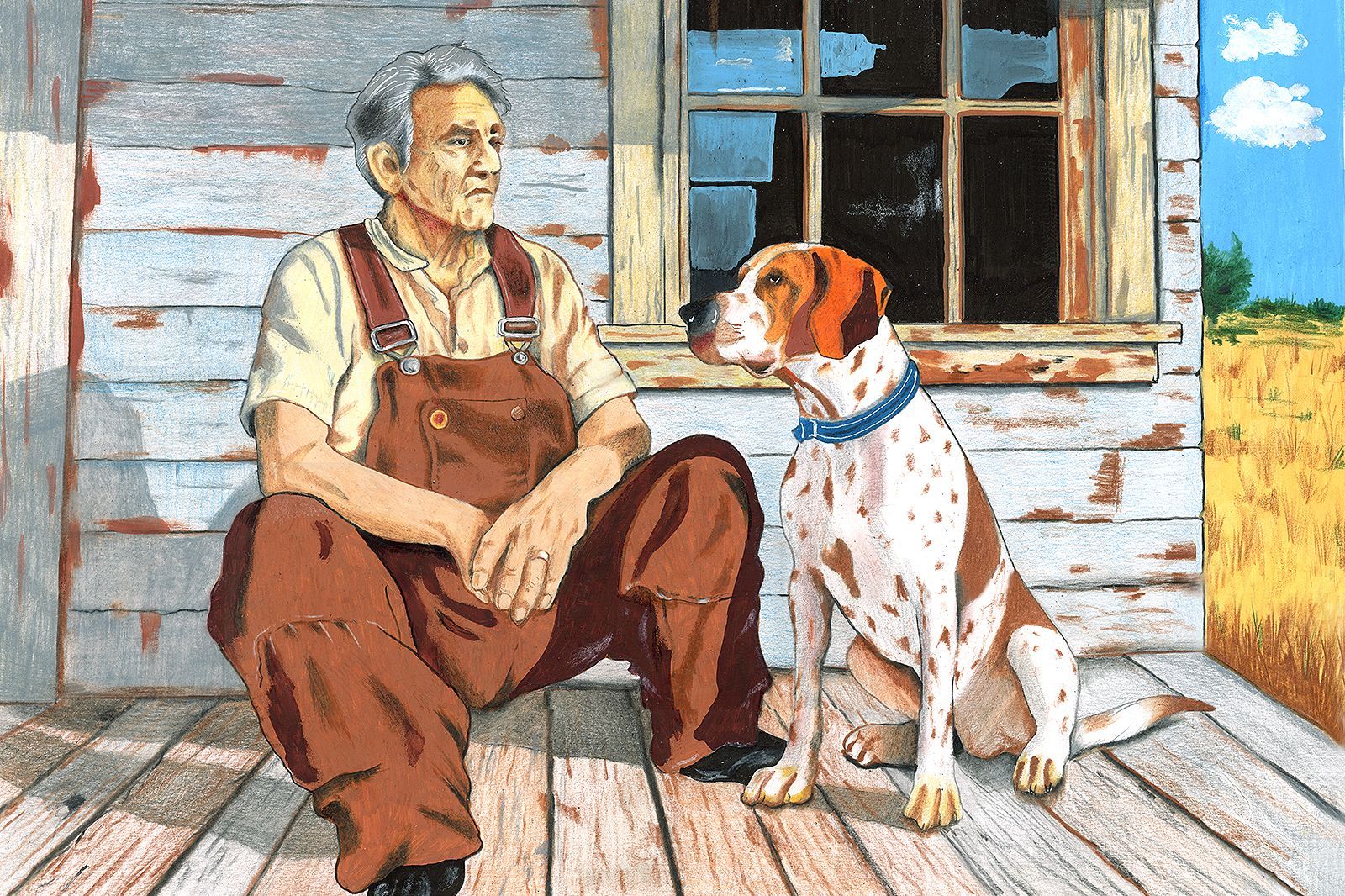 Man in brown overalls sits on porch beside a white dog with red collar, in front of a weathered house.
