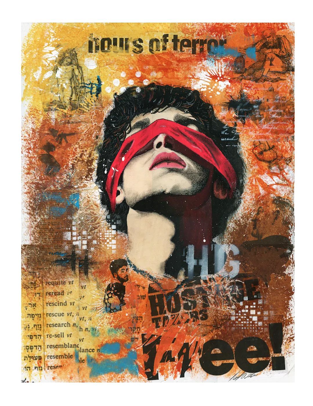 Collage-style poster of a blindfolded face an homage to Hersh Goldberg-Polin