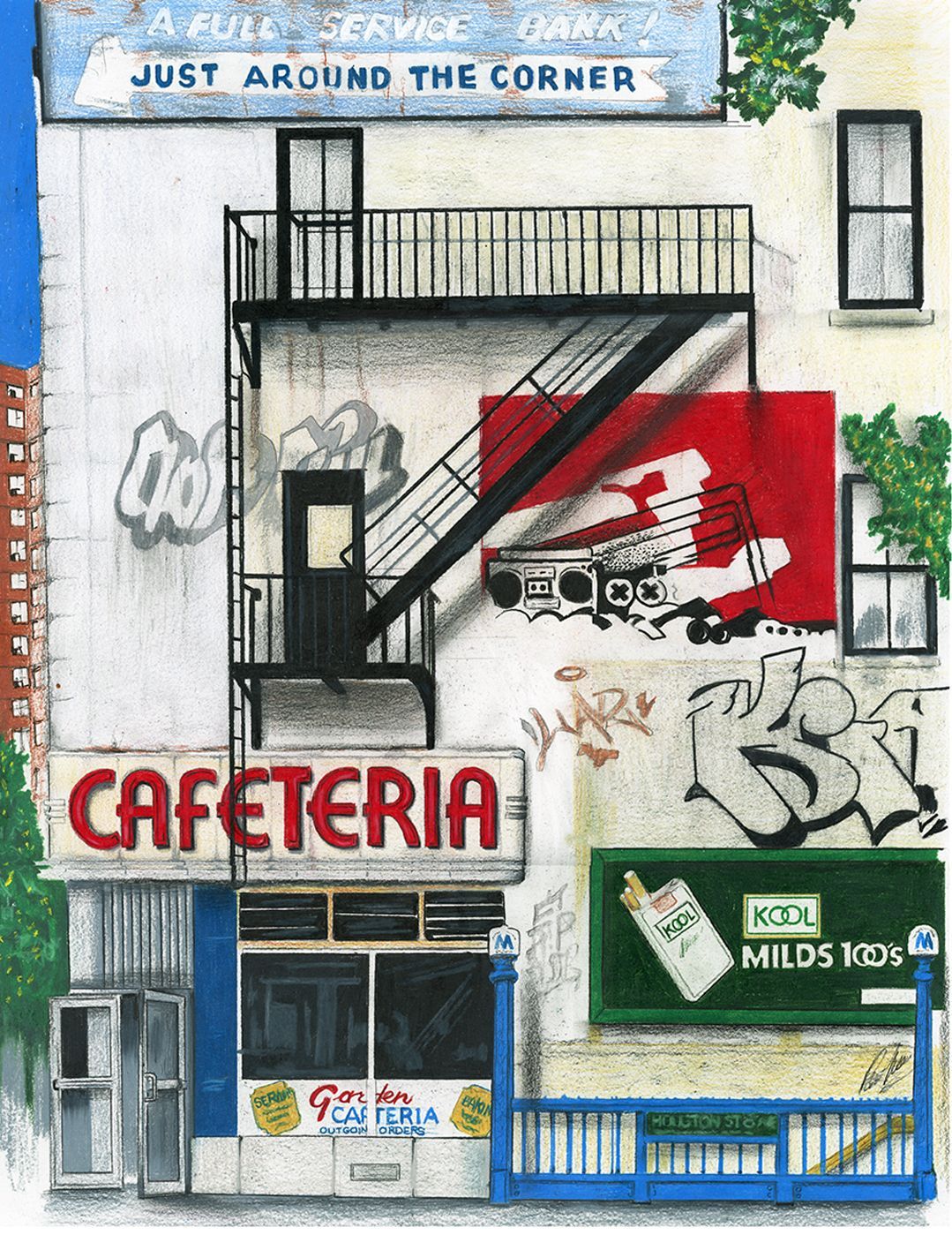 Street art mural of a cafeteria storefront with red stairs, balconies, and graffiti-covered walls