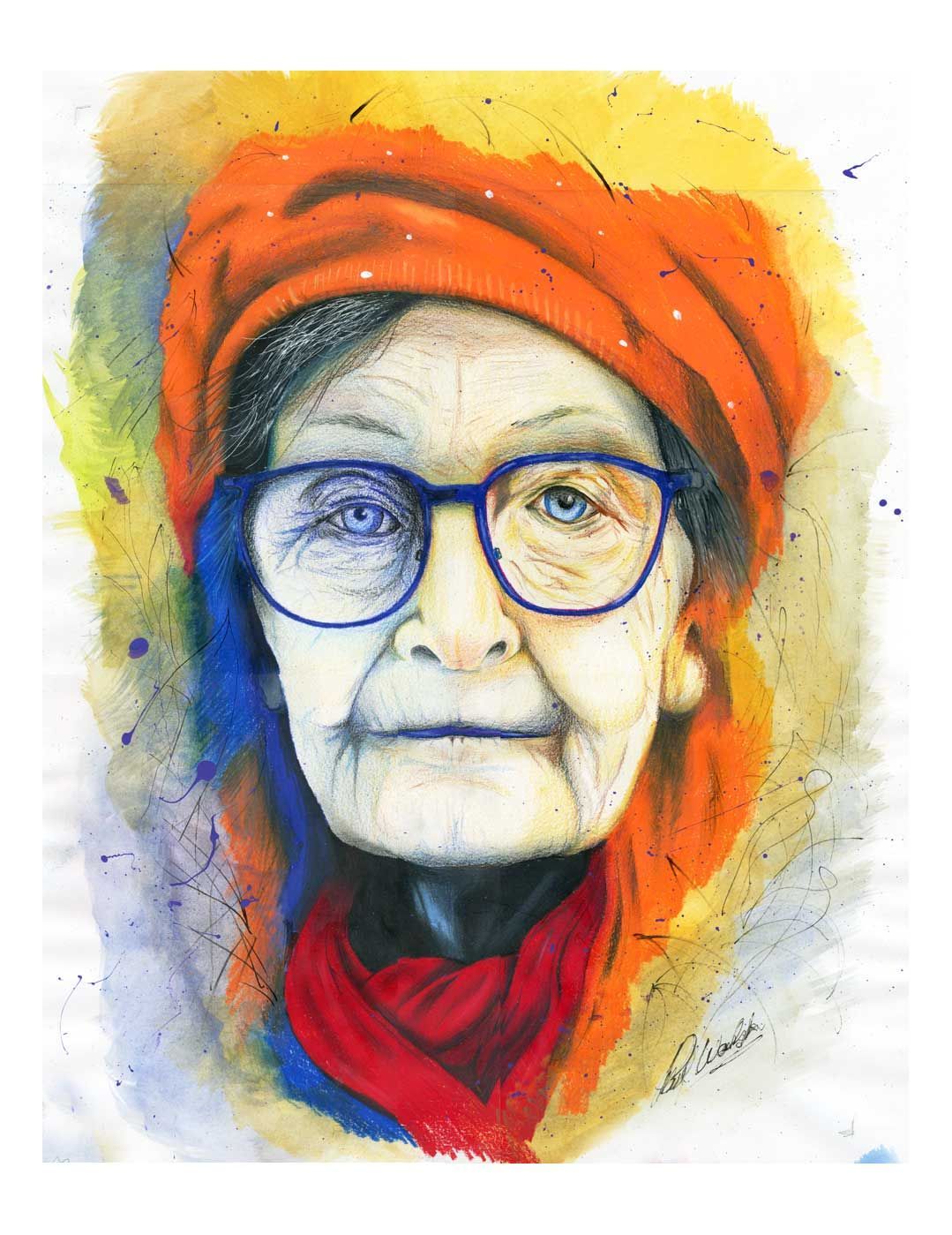 Watercolor portrait of an elderly person in blue glasses and a red-orange headwrap.