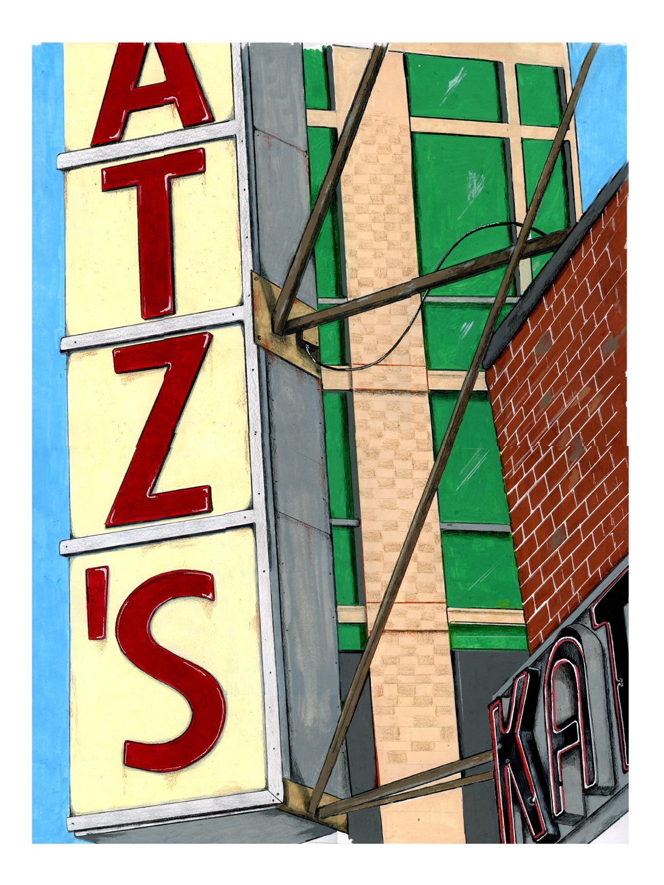 Vertical neon sign reading “Katz's Deli ” on a building against a blue sky.