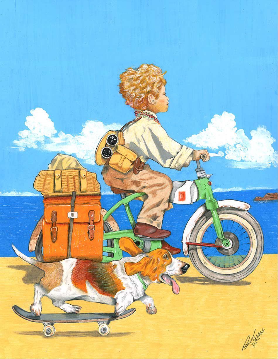 Person rides a white bike with luggage and a cat on a skateboard along a sunny beach.