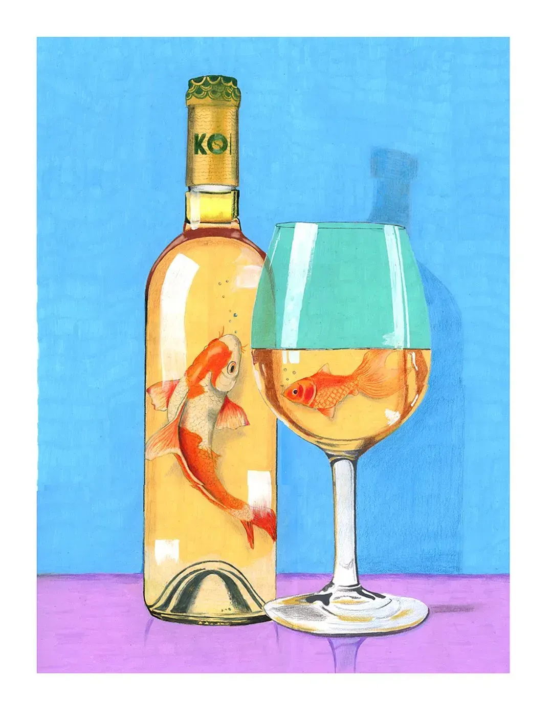 Bottle and wine glass with fish illustration on a blue background