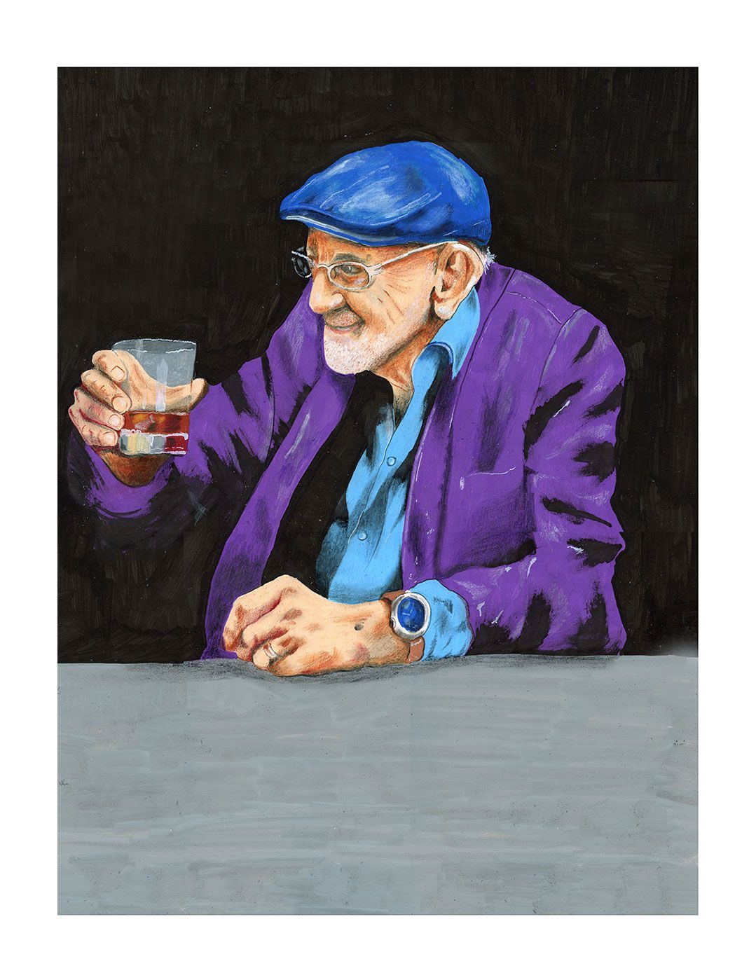 Man in a blue cap and purple jacket raising a drink at a table against a dark background