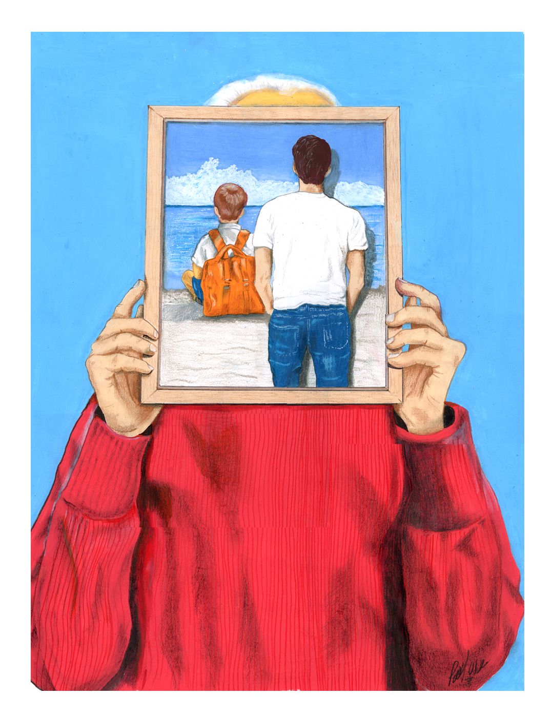 Person in red sweater holding a framed view of two people facing the sea under a blue sky