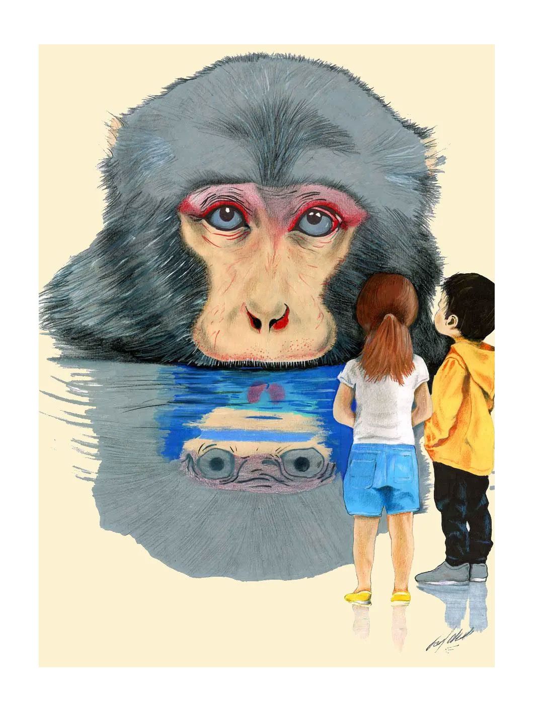 Two children view a painting of a monkey’s face reflected in water