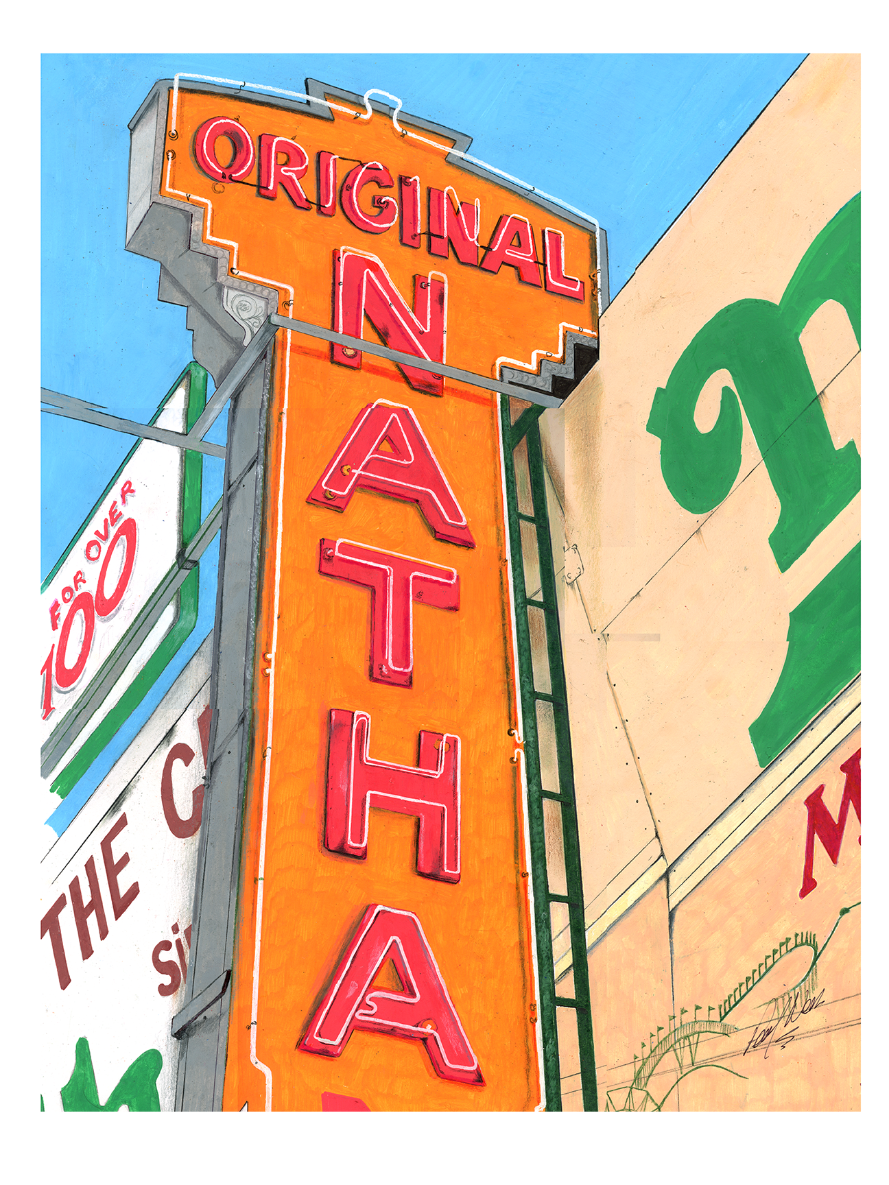 Vertical neon sign reading “Original Natha” on a building against a blue sky.