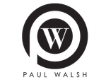 Paul Walsh logo with a stylized white W inside a black circular emblem