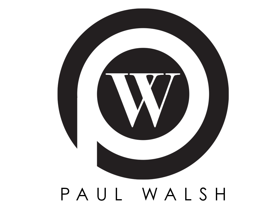 Paul Walsh logo with a stylized white W inside a black circular emblem