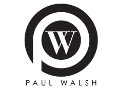 Paul Walsh logo with a stylized white W inside a black circular emblem
