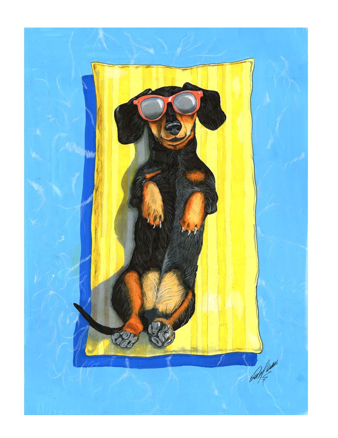 Black dog wearing sunglasses lies on a yellow lounge chair against a blue background.