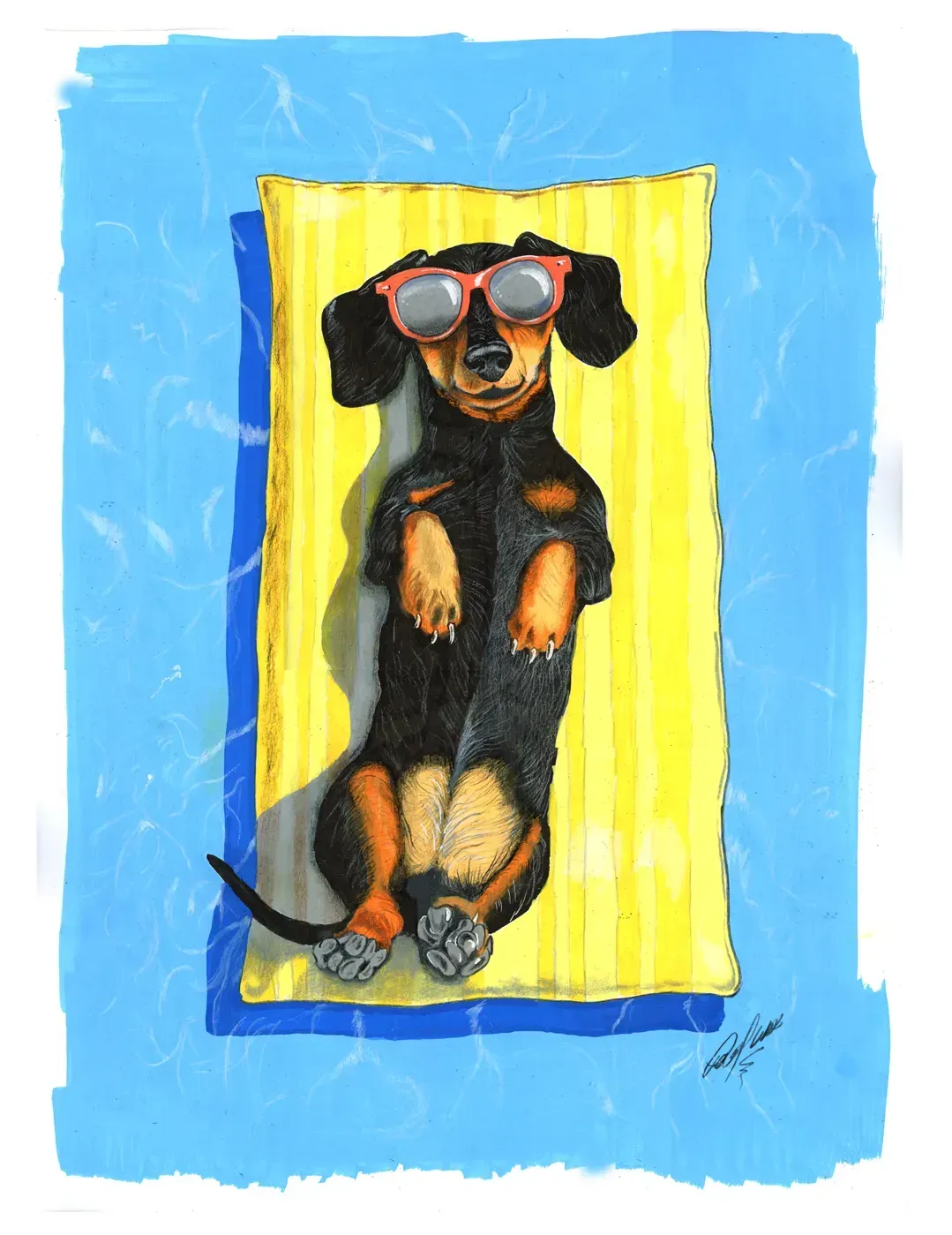 Black dog with goggles reclining on a yellow mat against a blue background.
