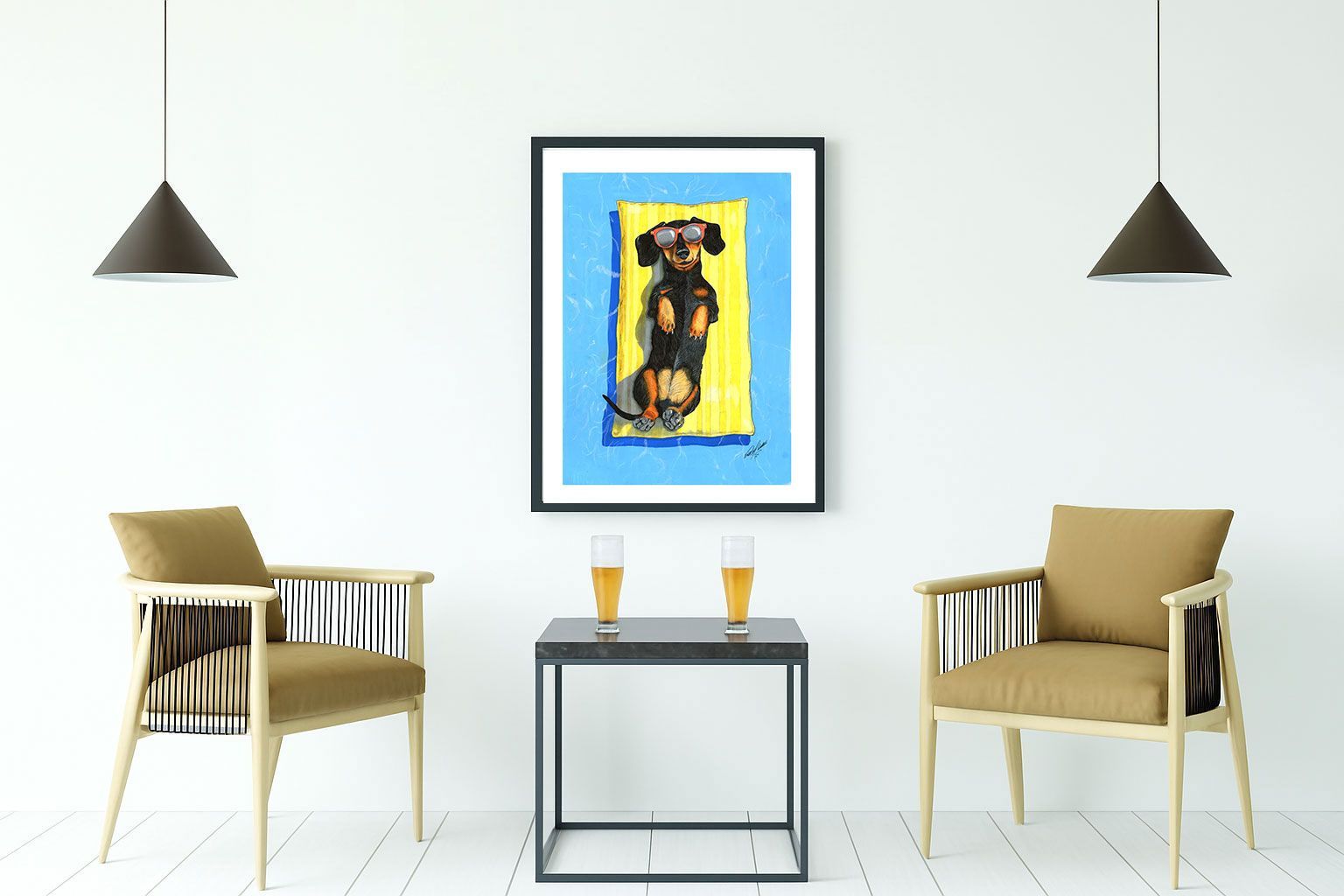Black dog wearing sunglasses lies on a yellow lounge chair against a blue background.