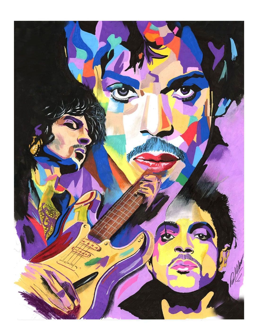 Colorful pop-art portrait of the musician Prince with a guitar, layered faces, and bold purple, blue, yellow, and pink tones.