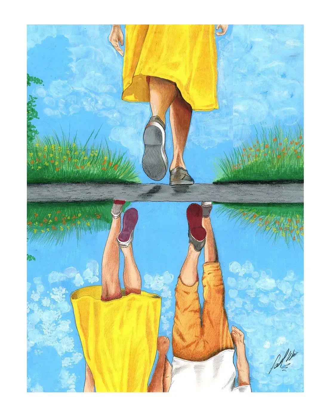 Two people holding hands, reflected in water beneath a bright blue sky and grassy path.