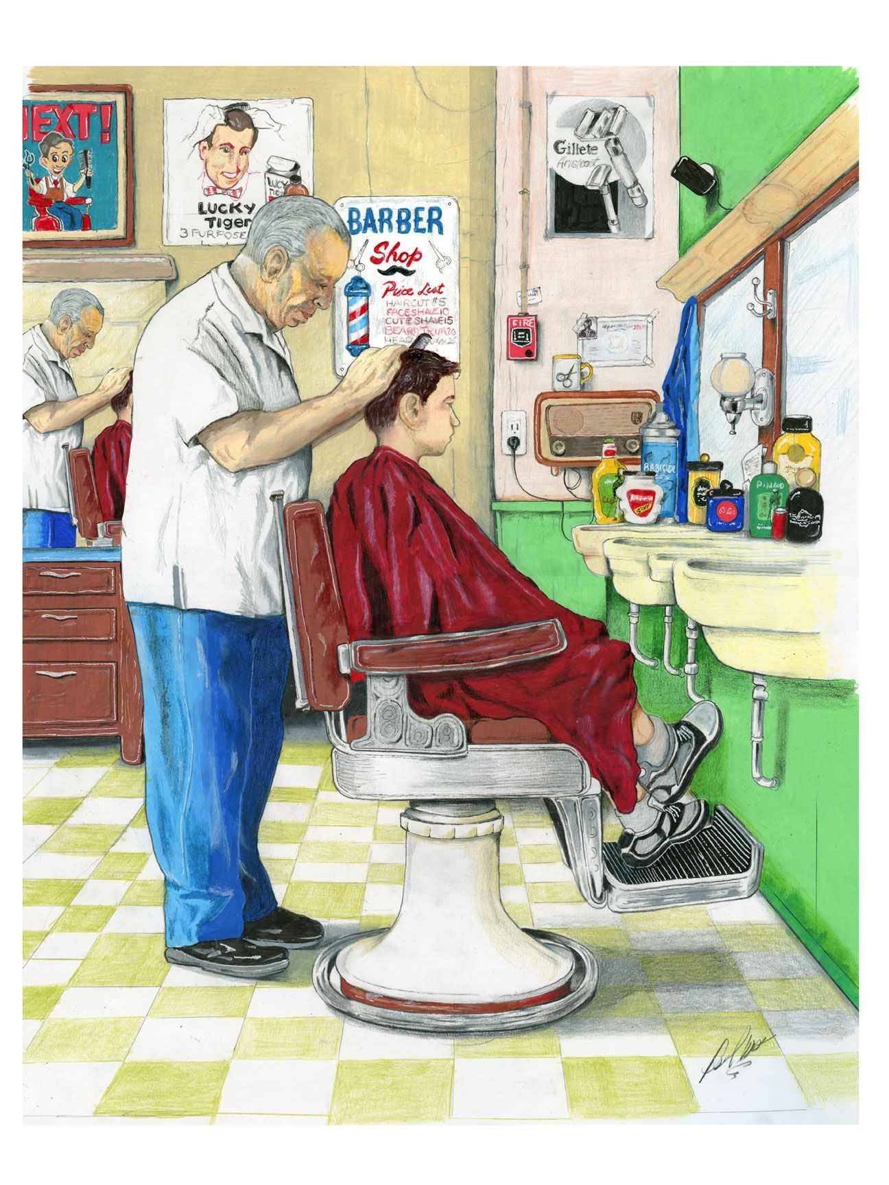 Barber cutting a customer’s hair in a bright shop with a red cape and green-and-white checkered floor