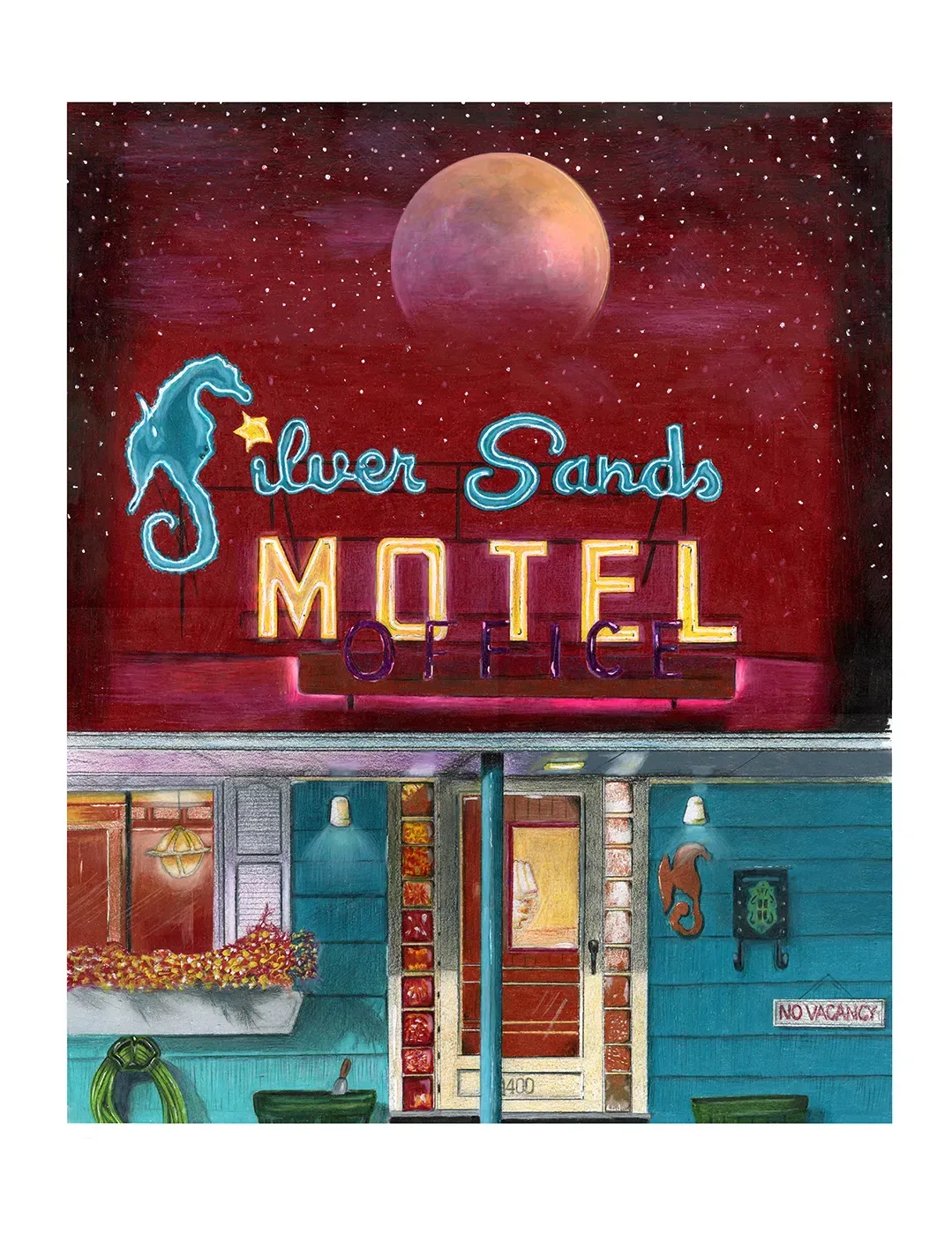 Neon-lit Silver Sands Motel sign above a turquoise building under a starry red night sky.