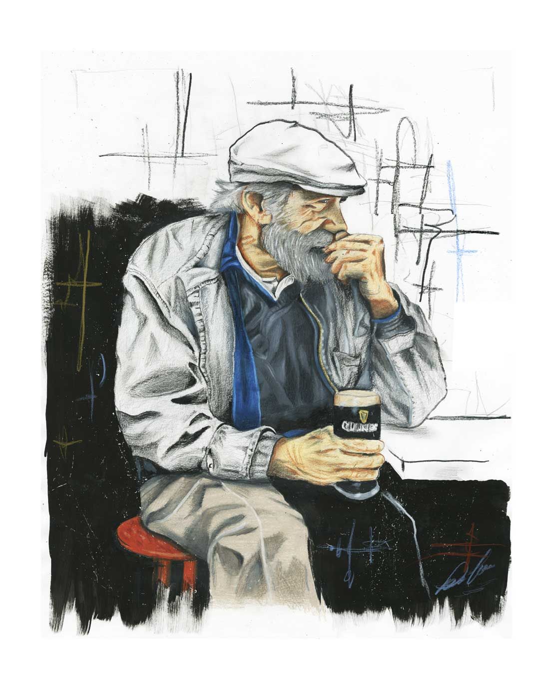 Man in a white cap and gray jacket sits on a red stool, smoking a pipe and holding a cup.