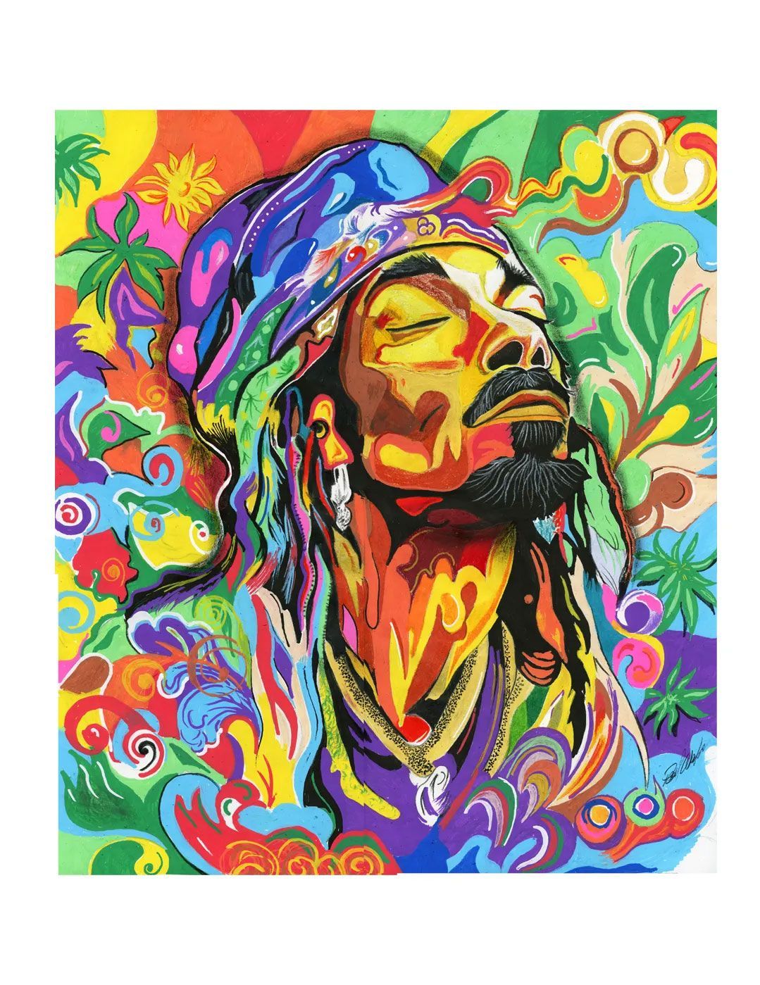 Colorful pop-art portrait of Snoop Dog in a hat, eyes closed, surrounded by vibrant abstract swirls